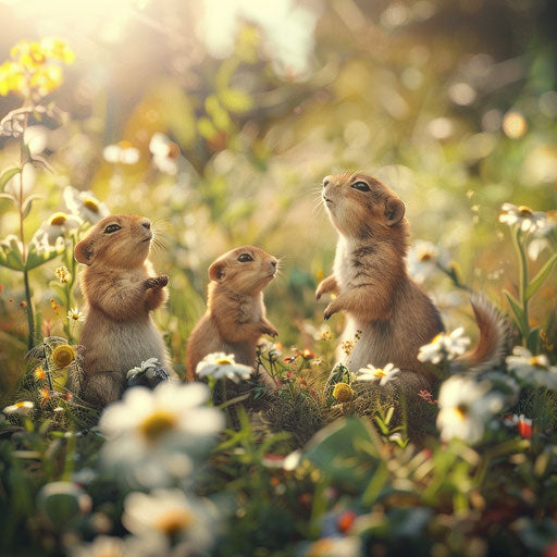 Prairie dogs in a whimsical meadow setting