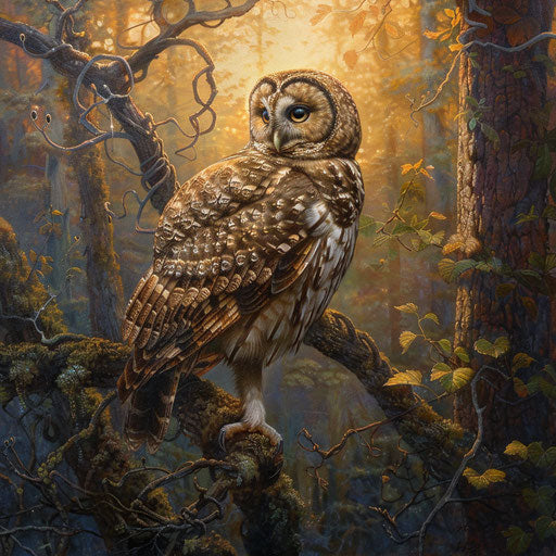 Northern spotted owl perched on sunrise-lit branch