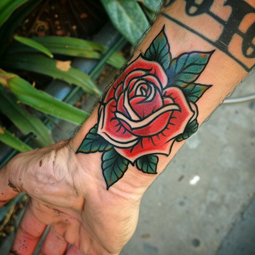Men's wrist tattoos with a classic rose