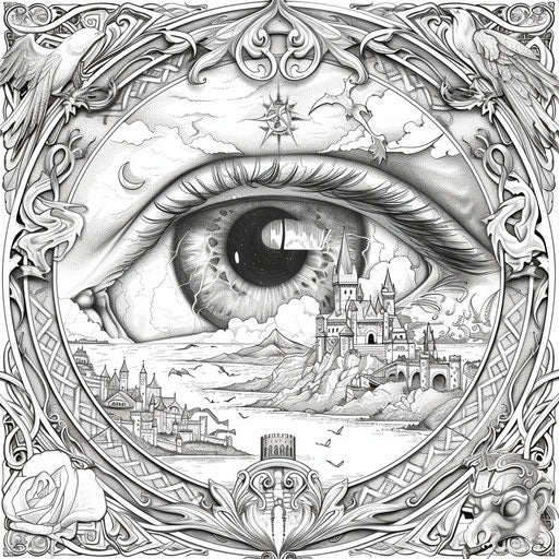 Mythical eye with dragon and castle designs