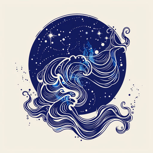 Aquarius constellation with flowing water lines, tattoo style