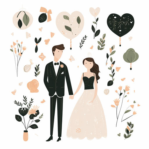 Minimalist Style Wedding Clipart on White Background