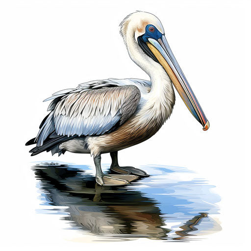 Pelican drawing in the style of oil painting, on white background