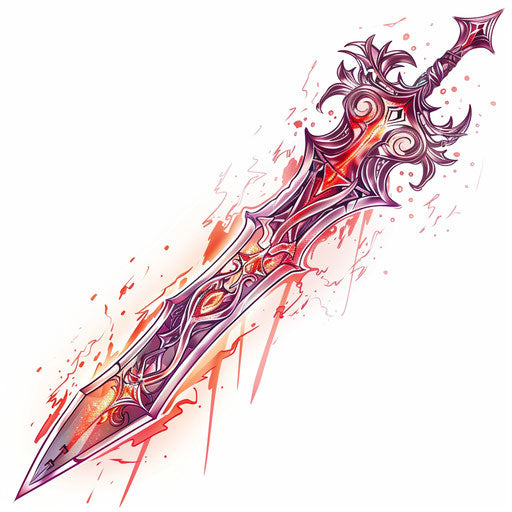 Stylized anime sword with intricate patterns and glowing effects, tattoo design concept on white background