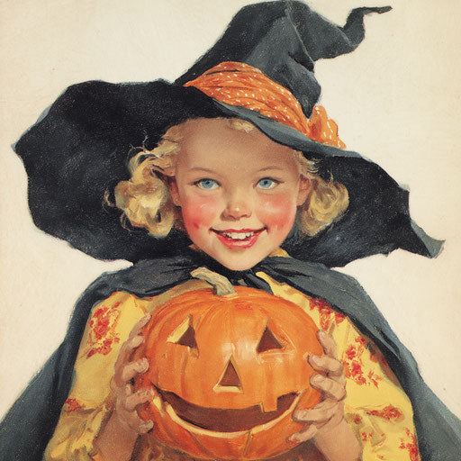 Vintage illustration of a joyful young girl for Halloween