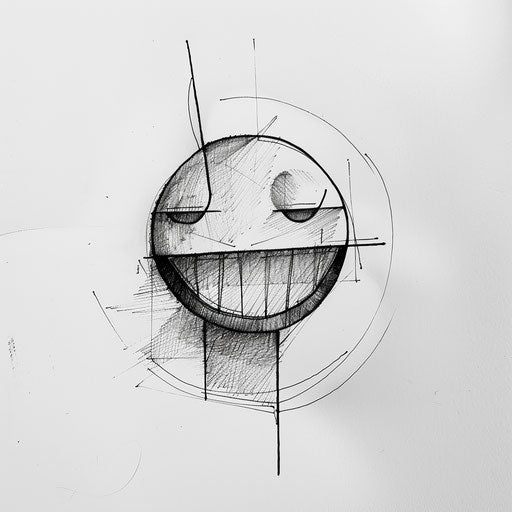 Abstract geometric smiley face tattoo concept, bold lines, on white canvas