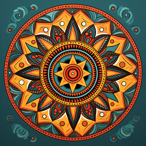 Traditional African motif, colorful sun, hand-painted details