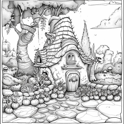 Whimsical scene of a carrot house in a magical vegetable garden