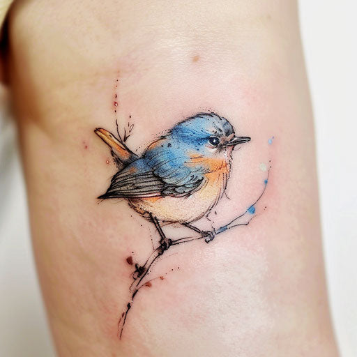 Charming tattoo sketch of a small bird perched on a branch, soft watercolor effect