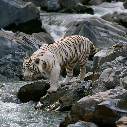 A white tiger's journey through a rocky riverbed
