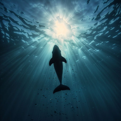 Vaquita porpoise seen from below, silhouette against sunlit water, surrounded by tiny fish