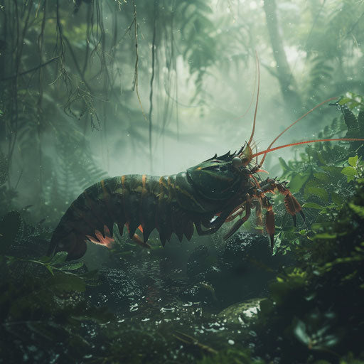Mantis shrimp in a foggy underwater forest, mystical and quiet