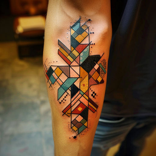 Colorful and abstract geometric cross tattoo for men