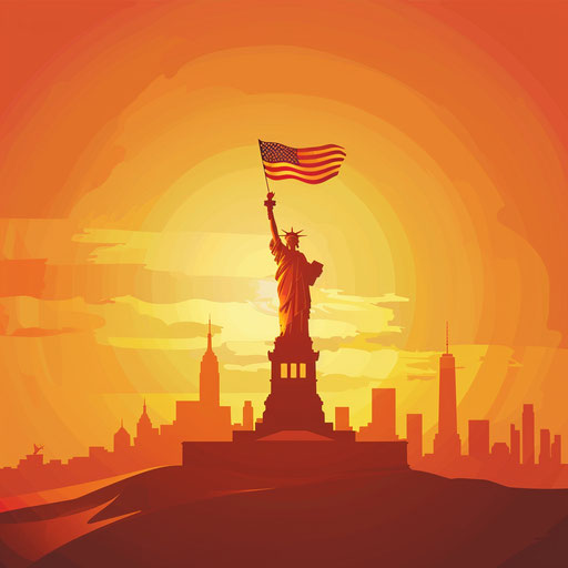 Realistic free 4th of July clipart images on a flat sunset orange background, highlighting bold shadows and vibrant detailing