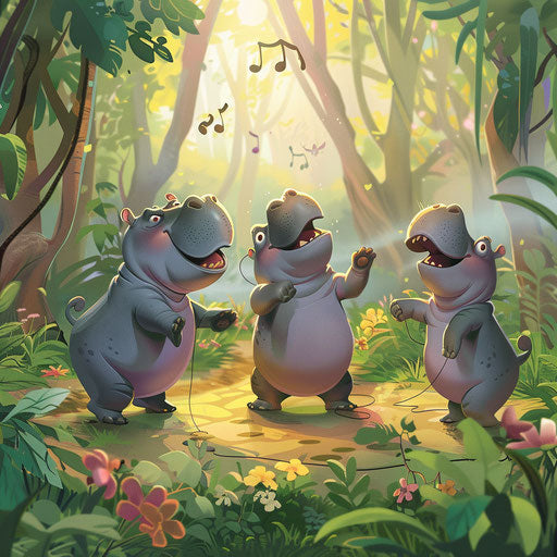 Hippos dancing in a jungle clearing