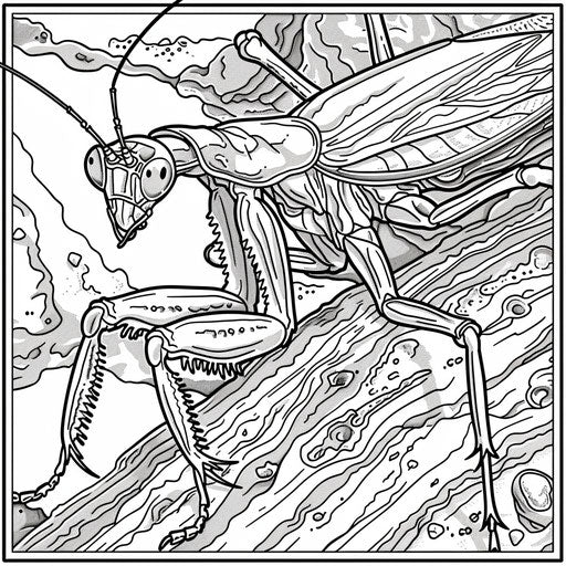 Praying mantis on branch with detailed textures