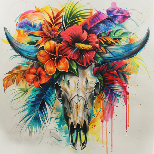 Exotic tattoo sketch of a cow skull with tropical flowers and vividly colorful parrot feathers