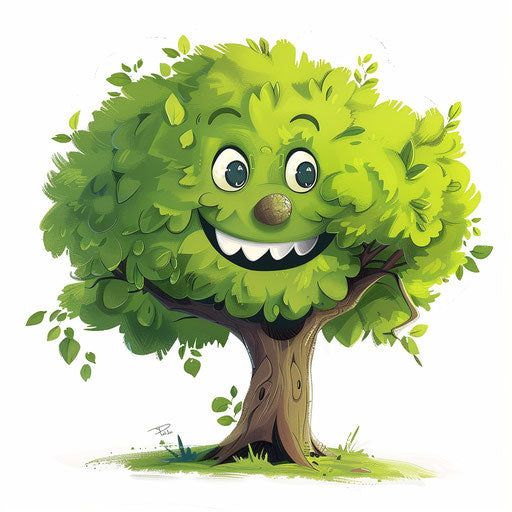 Cheerful cartoon tree with branches on white backdrop