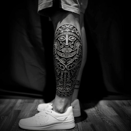 Calf tattoo with tribal elements, in the style of Ami James