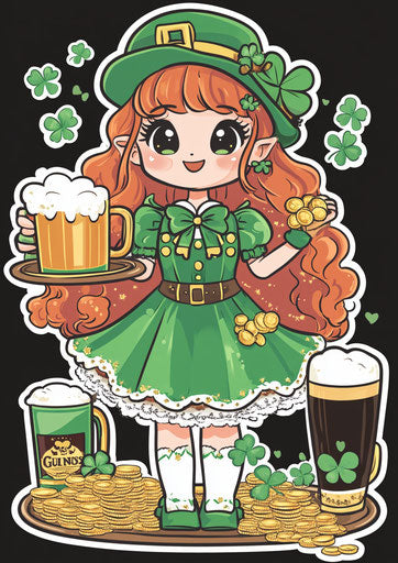 Cute Leprechaun girl with clovers and gold coins