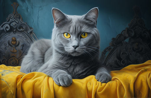 Grey cat on padded cat bed in dark azure and yellow, captivating gaze
