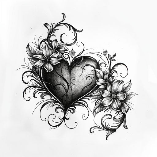Black heart surrounded by swirling floral vines