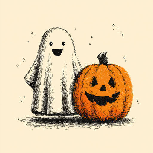 Cheerful Ghost with a Classic Halloween Pumpkin