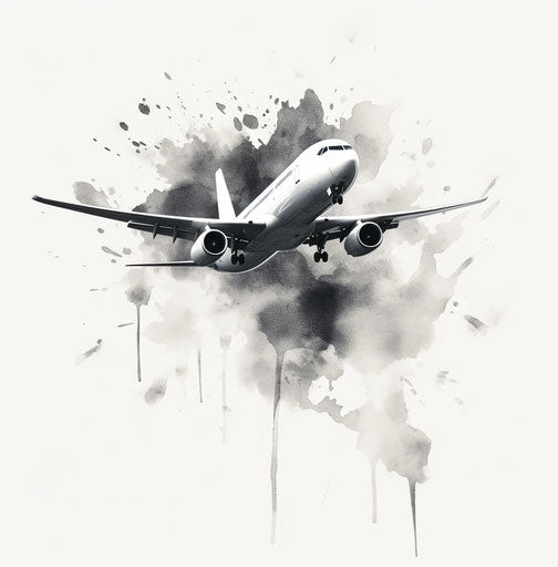 Black and white world map with airplane - emotional watercolor style