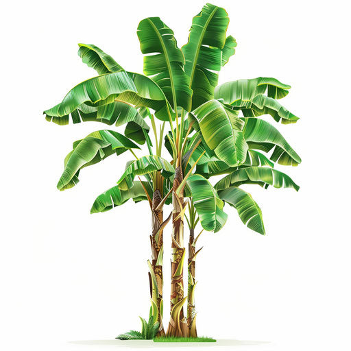 Realistic banana tree illustration on flat white background, bright colors and smooth finishes