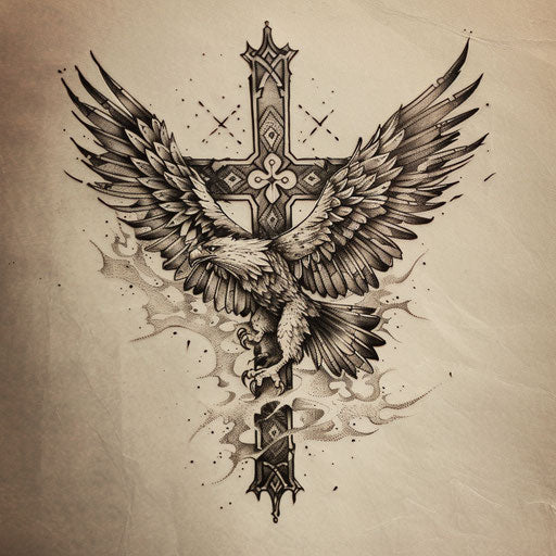 Strength cross tattoo with detailed eagle in flight on blank canvas