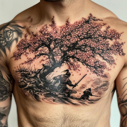 Cherry blossom tree tattoo in the style of Glenn Fabry with a warrior in battle under the tree on the chest