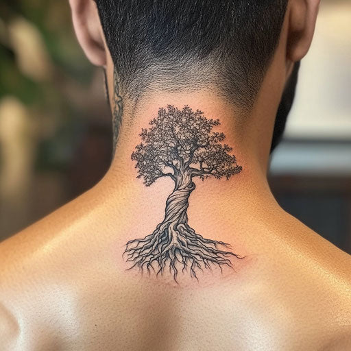 Male neck tattoo with stylized tree on white background