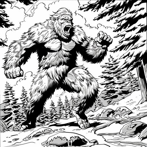 Bigfoot in a comic book adventure, battling enemies in the style of Mike Zeck