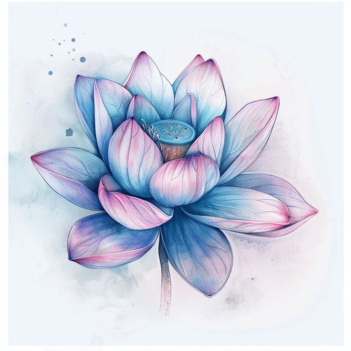 Digital drawing of tiny lotus flower tattoo, pastel shades on white