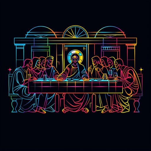 Modern Last Supper with geometric shapes and neon highlights