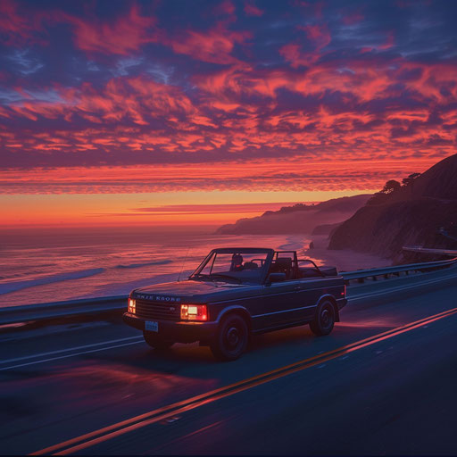 Luxury roadster at sunset on the Pacific Coast Highway