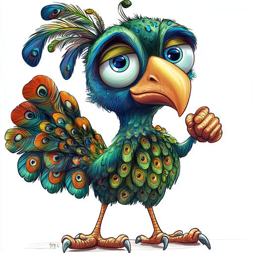 Humorous caricature of a peacock with human characteristics