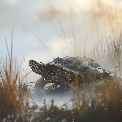 A snapping turtle emerging from the mist in the early morning