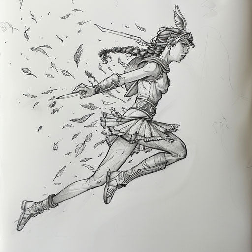 Energetic flat tattoo sketch of Artemis in motion