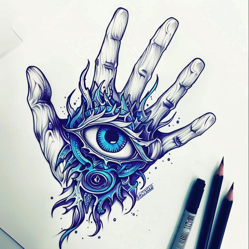Sketch of a mystical hand with an eye, intricate and vibrant