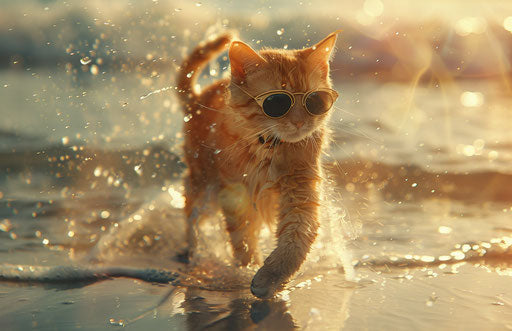 A cat with sunglasses walking on the beach