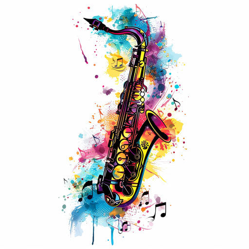 Jazz-inspired tattoo with saxophone, notes, and vibrant colors