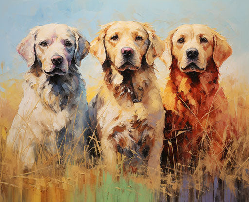 Three golden retrievers in a field, nabis style, varied texture