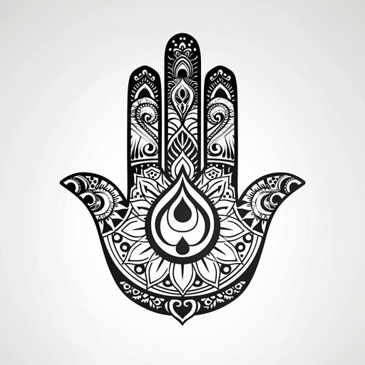 Illustration of a hamsa tattoo with intricate black ink patterns on a pure white background.
