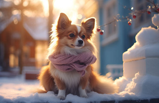 Dog sitting in the snow near a building