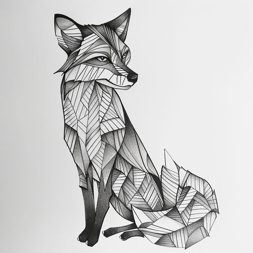 Fox tattoo in black and white with geometric patterns