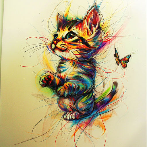 Playful tattoo sketch of a cat chasing a butterfly
