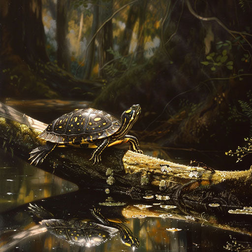 Yellow spotted turtle lounging on a sunlit log