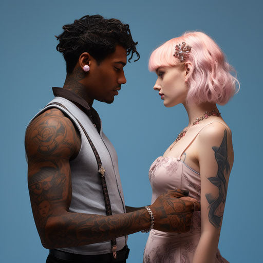 Woman with black man holding hand, kawaii aesthetic