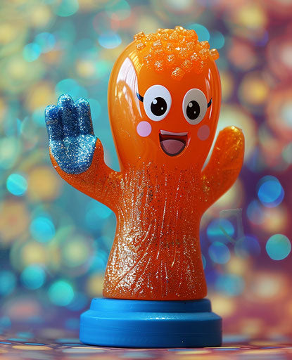 Orange hand with blue bandaid and cartoon eyes